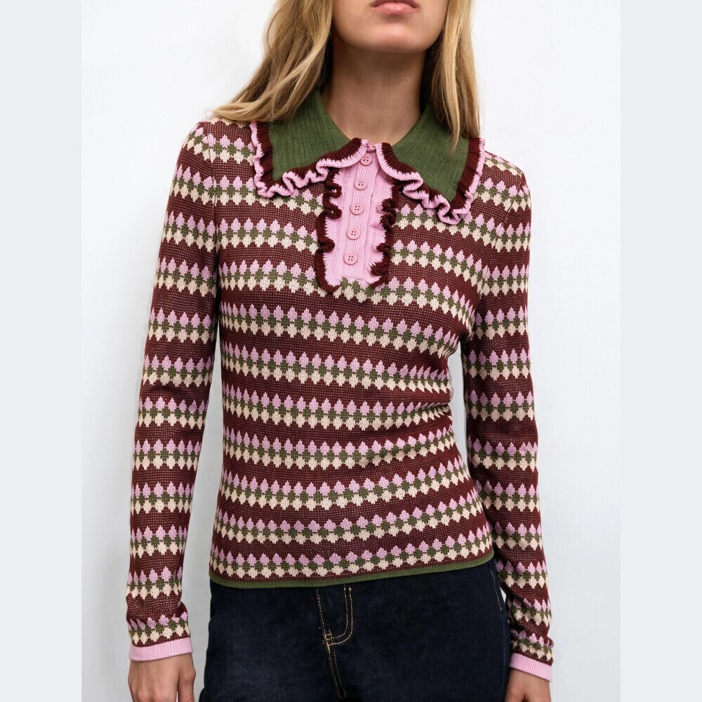 Burgundy Diamond Print Ruffled Collar Long Sleeve Knit Polo Sweater